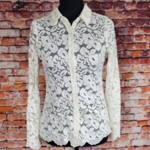 BCBG MaxAzria Long Sleeve Lace Button Down Blouse in Off White Womens Small